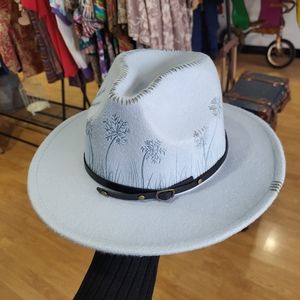 Handburned women's felt hat custom dandelion flower light blue